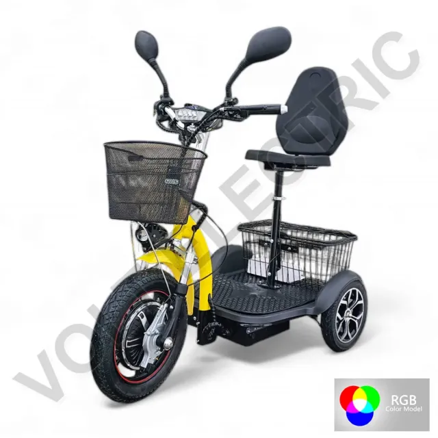 View 1 of Електрическа триколка Volt Electric A3 Traffic PRO RGB 750W, дисплей, крачна спирачка, 2 кошници, LED светлини, жълта перла, NEW MODEL 2025