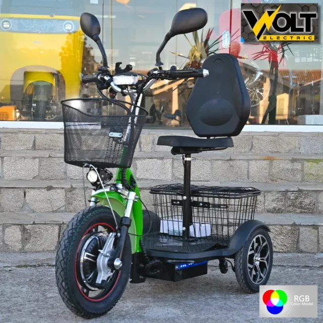 View 1 of Електрическа триколка Volt Electric A3 Traffic PRO RGB 750W, дисплей, крачна спирачка, 2 кошници, LED светлини, зелен лак, NEW MODEL 2025