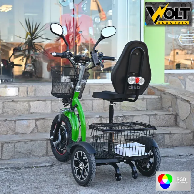 View 2 of Електрическа триколка Volt Electric A3 Traffic PRO RGB 750W, дисплей, крачна спирачка, 2 кошници, LED светлини, зелен лак, NEW MODEL 2025