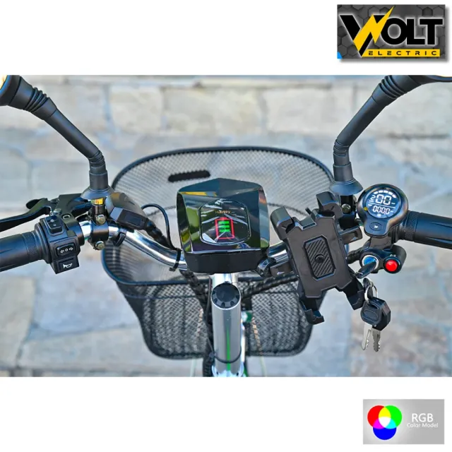 View 4 of Електрическа триколка Volt Electric A3 Traffic PRO RGB 750W, дисплей, крачна спирачка, 2 кошници, LED светлини, зелен лак, NEW MODEL 2025