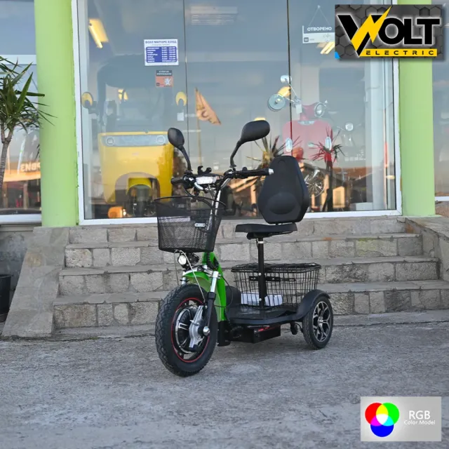 View 5 of Електрическа триколка Volt Electric A3 Traffic PRO RGB 750W, дисплей, крачна спирачка, 2 кошници, LED светлини, зелен лак, NEW MODEL 2025
