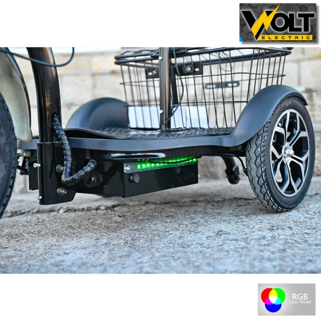 View 6 of Електрическа триколка Volt Electric A3 Traffic PRO RGB 750W, дисплей, крачна спирачка, 2 кошници, LED светлини, зелен лак, NEW MODEL 2025