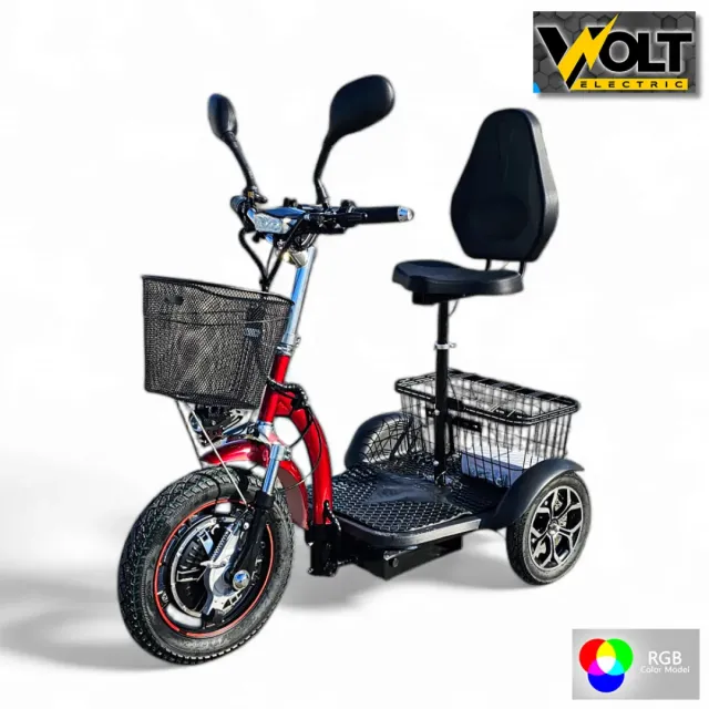 View 1 of Електрическа триколка Volt Electric A3 Traffic PRO RGB 750W, дисплей, крачна спирачка, 2 кошници, LED светлини, червен металик